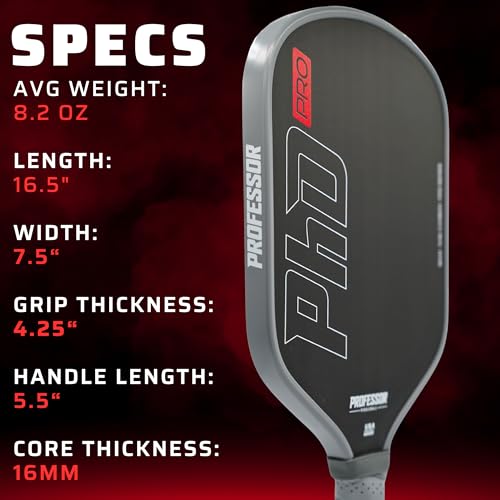Professor PhD Pro Thermoformed Raw Carbon Fiber All Court Pickleball Paddle - Maximizes Spin and Power - Precision Honeycomb Core - USAPA Pickleball Approved