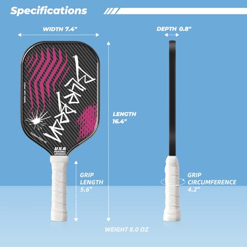 Pickleball Paddles,USAPA,Carbon Fiber Pickleball Paddle with 16MM Polymer Honeycomb Core Provides Lighter Weight&Higher Grit&Spin,Engineered for Professional Players,BlueBean (Neon Pink)