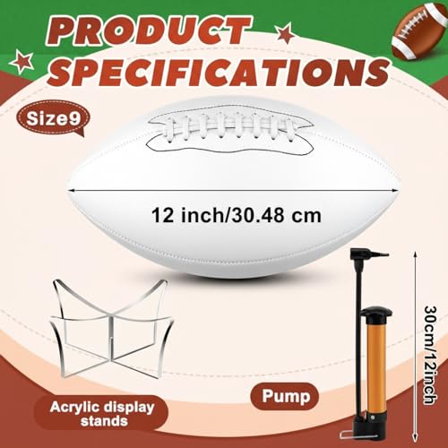 Hiboom Autograph Football with Acrylic Display Stand Air Pump Blank Gold Football for Trophy Anniversary High School College Coaching Gift Award Championship Party(1 Pc,White,Size 9)