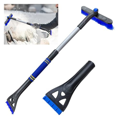 KITUREK 31.5" Detachable Snow Brush and Ice Scraper for Car Windshield, 2-in-1 Winter Snow Removal Tool with Extendable, 360° Rotating Soft Bristle Brush Head and Foam Grip for Most Vehicles (Blue)