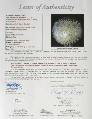 Babe Ruth Ty Cobb Cy Young Jimmie Foxx Tris Speaker 34 Sigs Signed Baseball JSA - Autographed Baseballs