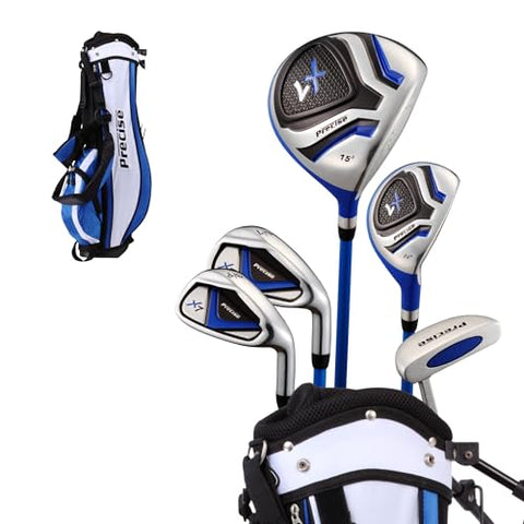 Precise X7 Junior Complete Kids Golf Clubs Set - Boys & Girls Right Handed Kids Golf Set w/ Driver, Hybrid, Irons, Putter, Stand Bag & Headcovers - Youth Golfing Clubs Sets for Ages 9-12 - Blue