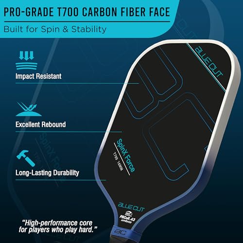 Blue Cut Pickleball Paddle – USAPA Approved Pickleball Paddles Racket with T700 Carbon Fiber, 16mm Honeycomb Core, Spin Surface, Pro Power Speed & Control – Includes Carry Bag