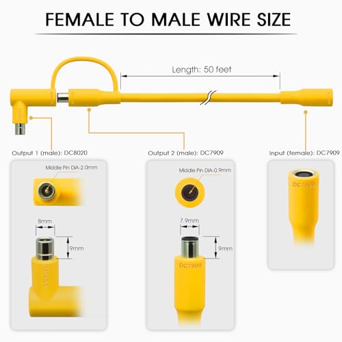 Hoeine Solar Panel Extension Cable for Jackery 50FT, 14AWG 8mm DC Connector Compatible with Yeti, Anker, BLUETT, Jackery Portable Power Stations for Outdoor Camping, RV, Emergency Use (Yellow)