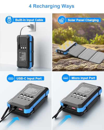 Kepswin Solar Charger Power Bank 49800mAh with 4 Built-in Cables & 3 Foldable Panels, PD22.5W Fast Portable Phone Charger, External Battery Pack with USB-C in/Output & Flashlight for Outdoor Camping