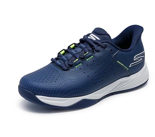 Skechers Men's Viper Court Reload Hands Free Slip-Ins Pickleball Sneaker, Navy/Yellow, 10 X-Wide