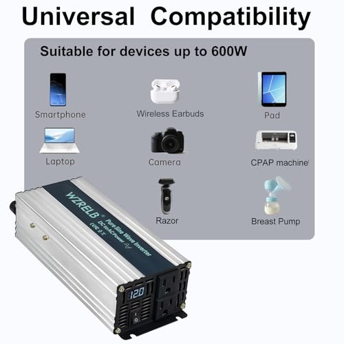 WZRELB 600W Pure Sine Wave Inverter 36V DC to 110V 120V AC Power Converter with LED Display, Off-Grid Portable Power Inverter with 2 AC Outlets for Home, RV, Truck, Camping