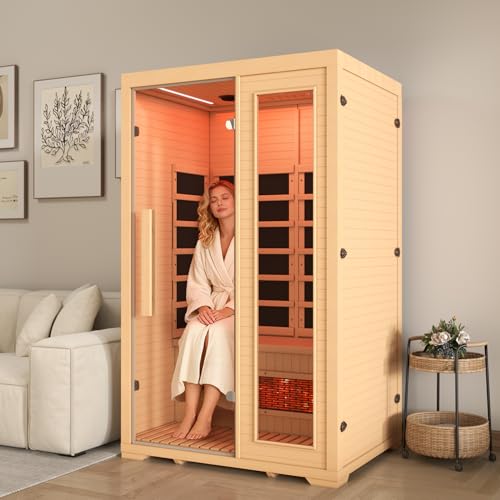 BNEHS Full Spectrum Infrared Sauna, 2 Person Wooden Sauna for Home, Indoor Dry Saunas with 5 Carbon Panels and 1 Carbon Tube, Oxygen Bar and 7 Color Light Strips, Canadian Hemlock,110V