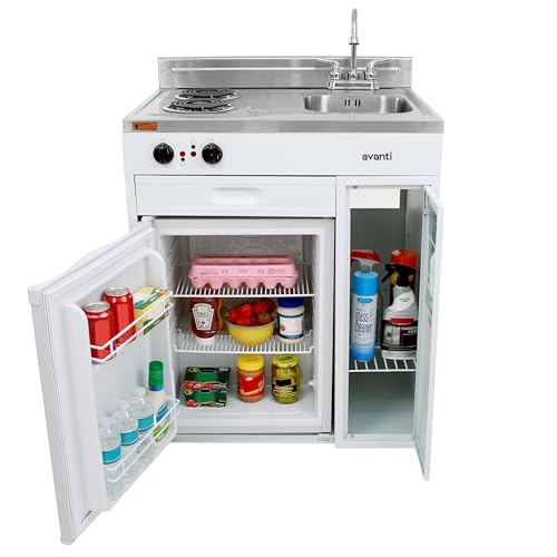 Avanti CK3016 Energy Star Certified Full Compact Kitchen, Built in Kitchenette Stainless Steel Counter, Two Element Cooking Range, Refrigerator & Storage, 30-Inch, White