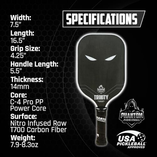 Phantom Pickleball Paddle Trinity 14mm - Carbon Fiber - USA Pickleball Approved - Max Grit and Spin Elongated Body Pickle Ball Paddle - Lightweight Pickleball Racket with C4 Polypropylene Core