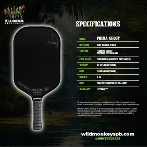 Wild Monkeys Prima Ghost – Midweight (8.2oz) Raw T700 Carbon Fiber Pickleball Paddle | 15mm Honeycomb Core for Stability and Control | Prolite Phantom Grip | USAP Approved