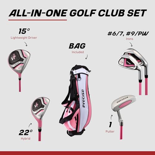 Precise X7 Junior Complete Kids Golf Clubs Set - Boys & Girls Right Handed Kids Golf Set w/ Driver, Hybrid, Irons, Putter, Stand Bag & Headcovers - Youth Golfing Clubs Sets for Ages 9-12 - Pink