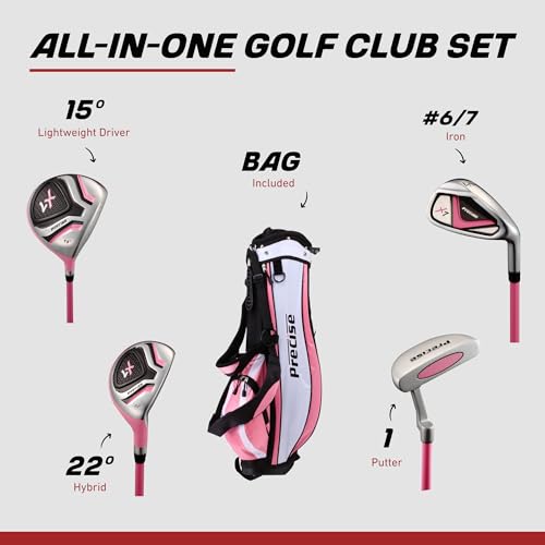 Precise X7 Junior Complete Kids Golf Clubs Set - Boys & Girls Right Handed Kids Golf Set w/ Driver, Hybrid, Irons, Putter, Stand Bag & Headcovers - Youth Golfing Clubs Sets for Ages 3-5 - Pink