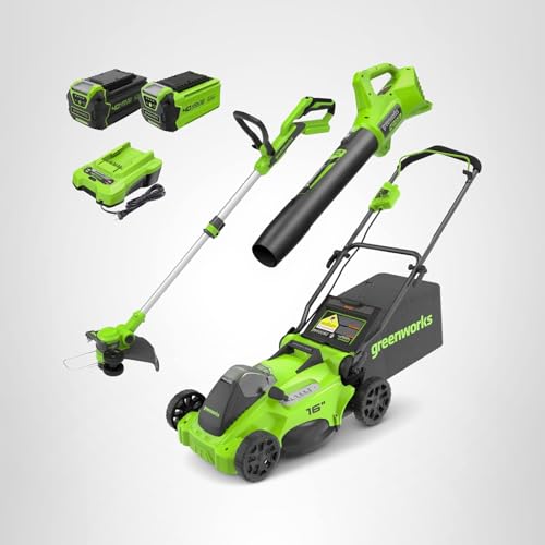 Greenworks 40V 16" Brushless Cordless (Push) Lawn Mower + Blower (350 CFM) + 13" String Trimmer (Bonus Spools), 4.0Ah + 2.0Ah Battery and Charger Included (75+ Compatible Tools)