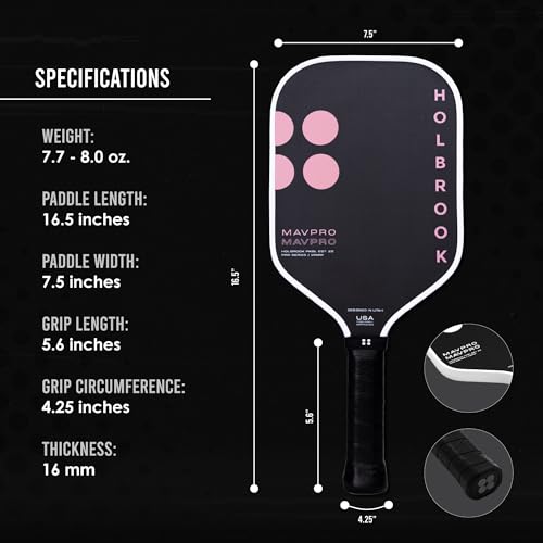 Holbrook Mav Pro 2.0 Pink Pickleball Paddle: T700 3K Carbon Fiber Surface, Power, Control, Spin, Polypropylene Honeycomb Core, USAPA Approved - 16 mm
