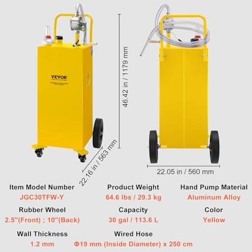 VEVOR 30 Gallon Fuel Caddy, Gas Storage Tank & 4 Wheels, with Manual Transfer Pump, Gasoline Diesel Fuel Container for Cars, Lawn Mowers, ATVs, Boats, More, Yellow