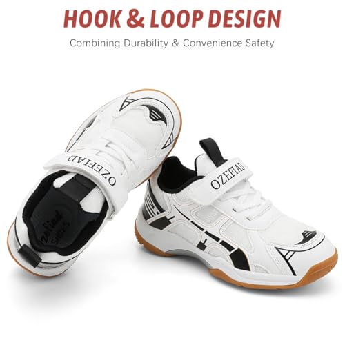 Ozefiad Kids Racket Sneakers - Boys Girls Badminton Shoes Tennis Shoes, Suitable for All Courts Squash Sneakers | Strong Support and Shock Absorption (Little Kids/Big Kids) White Black