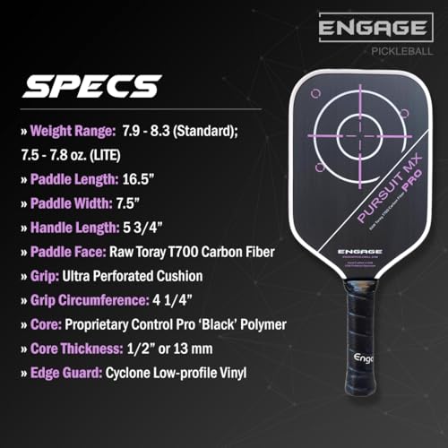 Engage Pursuit Pro MX Pickleball Paddle – Elongated Shape, Raw T700 Toray Carbon Fiber Face, 13mm Control Pro “Black” Core (Deep Magenta, Light (7.5-8.0oz))