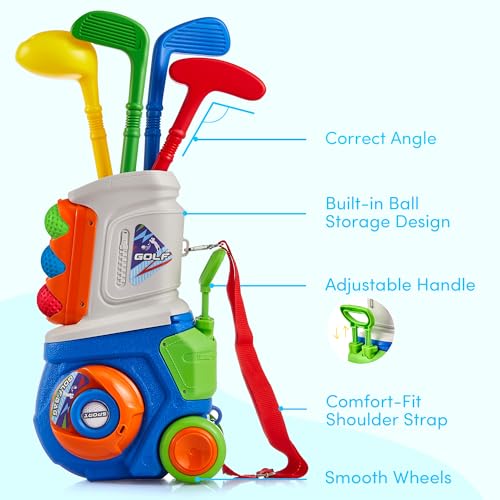 PJG Toddler Golf Set, Plastic Kids Golf Clubs Ages 1 2 3 4 5 Years Old with 4 Golf Clubs and 10 Balls, Indoor and Outdoor Toddler Golf Toys with Cart for Boys and Girls Birthday (Blue)