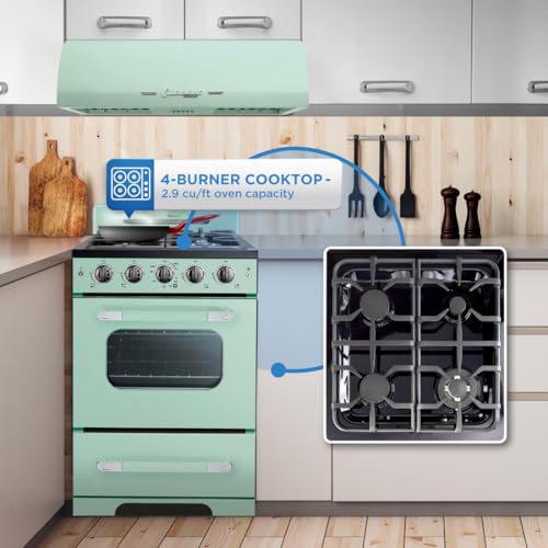 Unique Appliances Classic Retro Gas Range, Freestanding Gas Range with 4 Burners, Convection Oven, and Oven Light, 24", Summer Mint Green