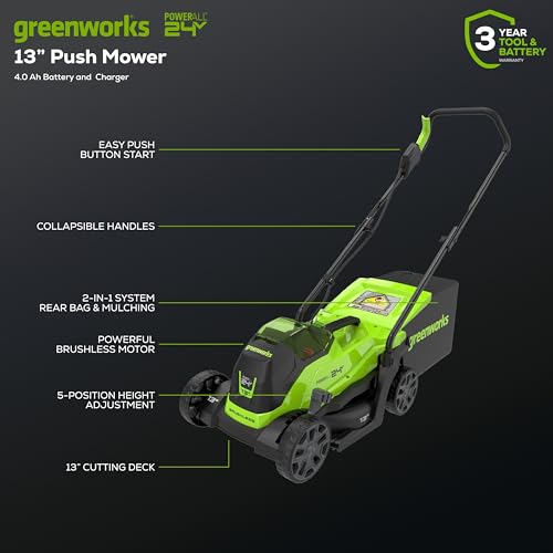 Greenworks 24V 13“ Brushless Cordless Lawn Mower with 4.0Ah Battery & Charger,Maintenance-Free Push Mower with 2-in-1 Mulch/Bag,