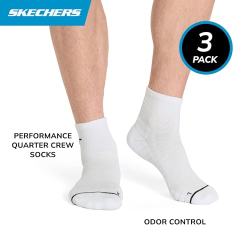 Skechers Men's 3-Pack Pickleball Quarter Crew Socks, White Traditional, 10-13