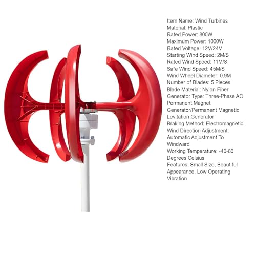 1000W 12V/24V Upgraded Wind Turbines Generator, 5-Blade Lantern Wind Turbines Generator Kit, Electromagnetic Electricity Producer Equipment Red