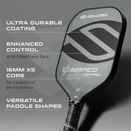 Selkirk Sport Amped Control Pickleball Paddle | Assembled in The USA | Next-Gen FiberFlex+ Face & Ultra Durable Spin Coating | 16mm X5 Core for Unrivaled Precision & Control | Epic Lightweight Gray