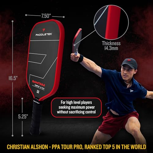 Paddletek Bantam TKO-C 14.3mm Pickleball Paddles with Polymer Honeycomb Core - Unidirectional Carbon Fiber – Torsional Weighting & High Tack Performance Grip - USAPA Approved - 5.25 Inch Handle