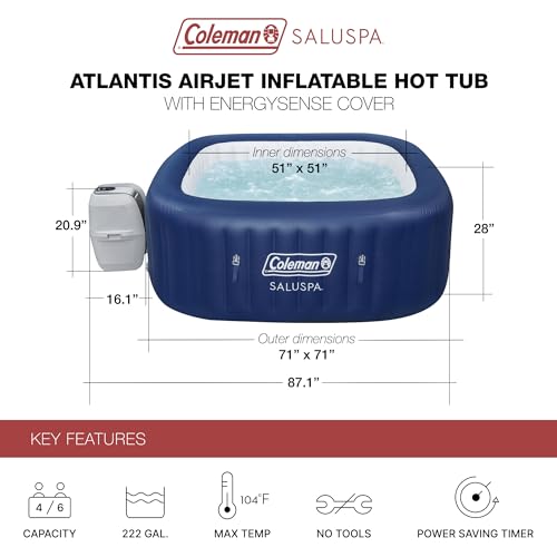 Coleman SaluSpa Atlantis AirJet Inflatable Hot Tub, 4 to 6 Person Square Portable Outdoor Spa with 140 Air Jets, App Control and EnergySense Insulated Cover, 71" x 28"