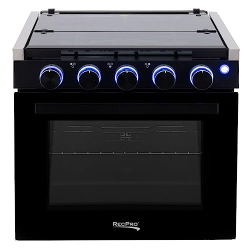 RecPro RV Stove Black Finish | Gas Range 21" Tall | 6500 and 8000 BTU Three Burner | 7100 BTU Oven with 1.8 Cu. Ft Capacity | Optional Vented Range Hood