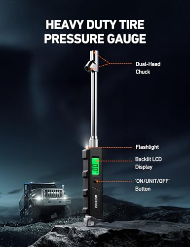 AstroAI Heavy Duty Digital Tire Pressure Gauge 0-230 PSI Calibrated to ANSI B40.7 Grade 2A (0.5%) with Backlit LCD & Flashlight, Stainless Steel for Truck RV Car Motorcycle Bike