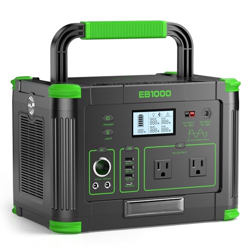 Portable Power Station 1000W (Peak 2000W), 999Wh Solar Generator, 110V Pure Sine Wave AC Outlet with PD 60W USB-C Fast Charging, Outdoor Camping RV Van Home Backup Off-Grid Living