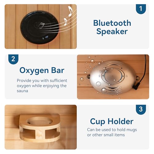 Woodbridge Infrared Home Sauna Room 2 Person Japanese Cedar Indoor Sauna with 7 Carbon Heaters, Red Light Therapy, Bluetooth Speaker, Intelligent Control Panel, Tempered Glass & Top Vent