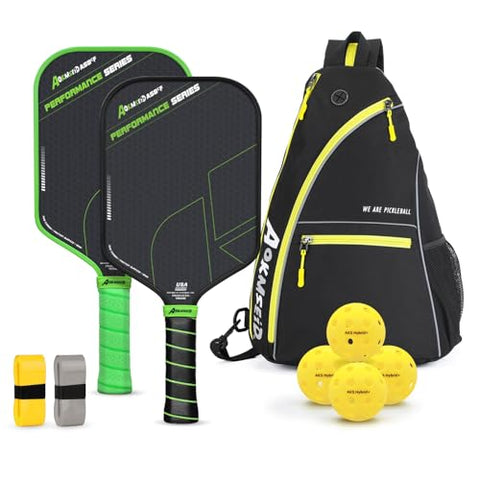 AKS Pickleball Paddle Set of 2 Premium Pickleball Paddles with T700 Raw Carbon Fiber Surface & 16mm Power Polymer Core, USAP Approved Rackets Designed for Ultimate Spin & Consistency - Blackgreen