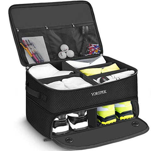 YOREPEK 2 Layer Golf Trunk Organizer, Golf Gifts for Men with Separate Ventilated Compartment for 2 Pair Shoes, Waterproof Car Trunk Locker for Balls, Tees, Clothes, Gloves, Accessories, Golfer gifts
