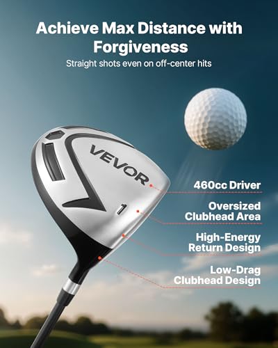 VEVOR Golf Club Set, 12 Pieces Men's Complete Golf Club Set Right Handed with 460CC #1 Driver, #3 & 5 Fairway Wood, #4 Hybrid, #5/#6/#7/#8/#9/#PW/#SW Irons, L-Shaped Putter, Golf Stand Bag, Black