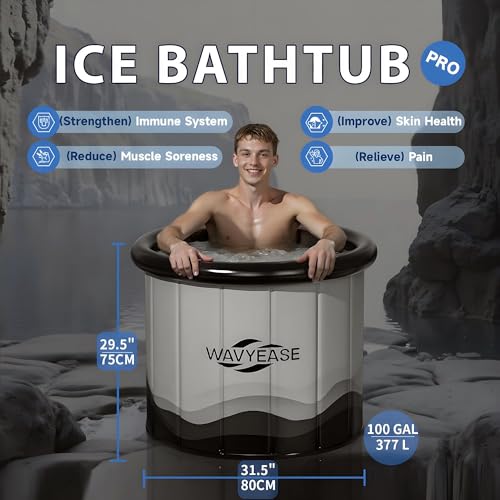 WAVYEASE® Upgraded Portable Cold Plunge Tub for Athletes & Adults | 100 GAL Foldable Ice Bath with Insulative Cover | Instant Setup for Indoor & Outdoor Recovery (Gray)