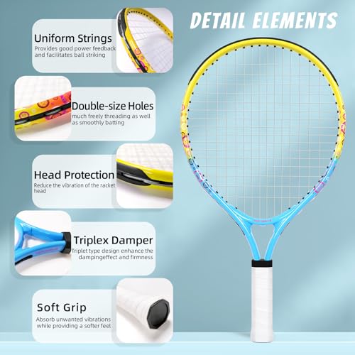 vgainwells 17"-23" Kids Tennis Racket for Aged 2-9, Lightweight and Durable,Including 1 Replacement Grip Tapes and 1 Toddler Tennis Racket（Yellow+Blue）
