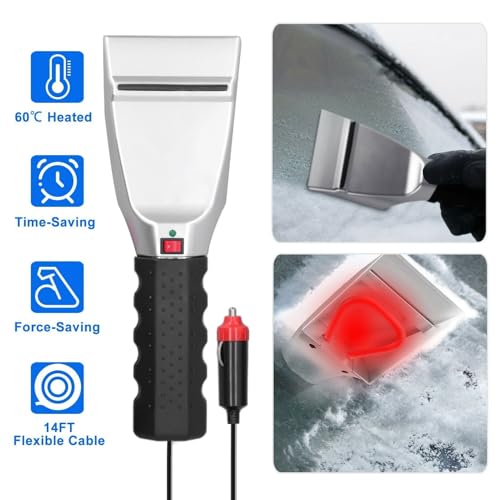 Auto Heated Ice Scraper Snow Shovel Plastic Metal 12V 18W 60°C 110.24in 3 Min Fast Heat Electric Windshield for Cars Trucks SUV