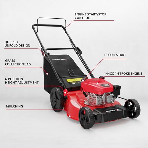 PowerSmart 21" 2-in-1 Push Lawn Mower, 144cc Engine, 3-in-1 with Bagging, High Wheels, Lightweight and Easy Assembly,Adjustable Cutting Height, Lightweight,for Garden Yard
