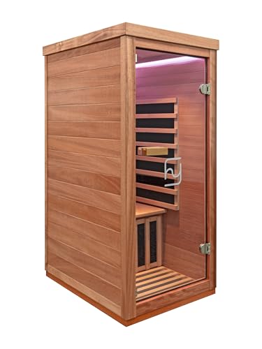 Haoyao Indoor Infrared Hemlock & Okoume 1100W 1-Person MINI Sauna with LED Lights, Bluetooth Speakers – A Gift for Parents or Friends