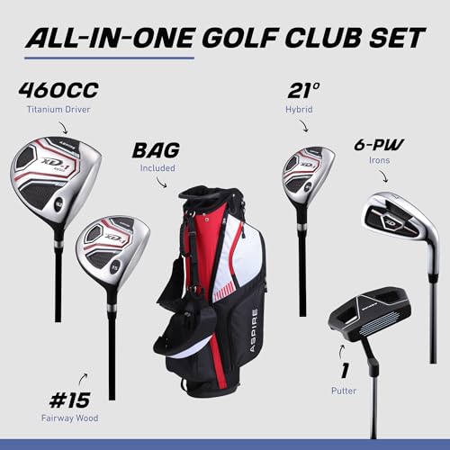 Aspire XD1 Men’s 14-Piece Golf Set – 460cc Titanium Driver, Wood, Hybrid, 6-PW Irons, Putter, Stand Bag, 3 Headcovers and Cover – Red, RH Regular
