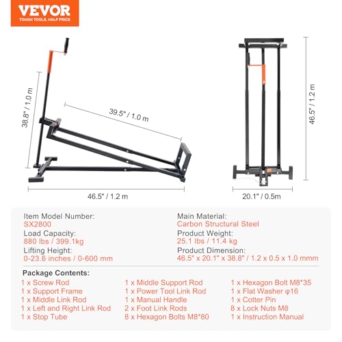 VEVOR Ride on Lawn Mower Lift Jack, 880 Lbs Weight Capacity, Telescopic Maintenance Jack with Crank Handle & Power Tool Handle, Foldable Lawn Tractor Lifter for Lawn Mowers and Garden Tractors, Black