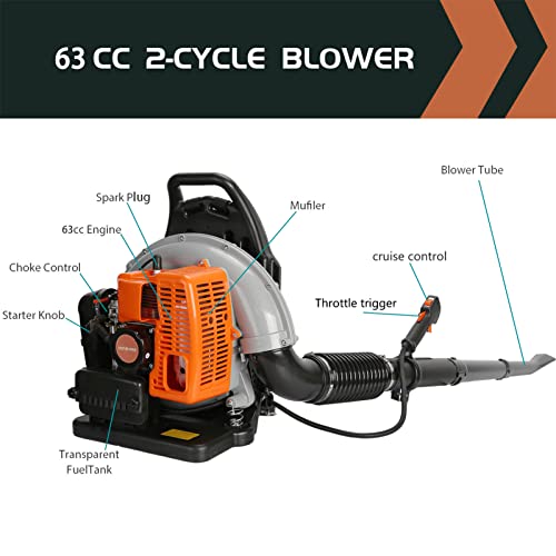 Gas Leaf Blower, 63-CC 3-HP 2-Cycle Backpack Leaf Blower, 665-CFM, 2800 RPM, Powerful Clearing Performance, Leaf Blower for Lawn Care, Gass Powered Leaf Blower Snow Blower Grass Blower (Orange)