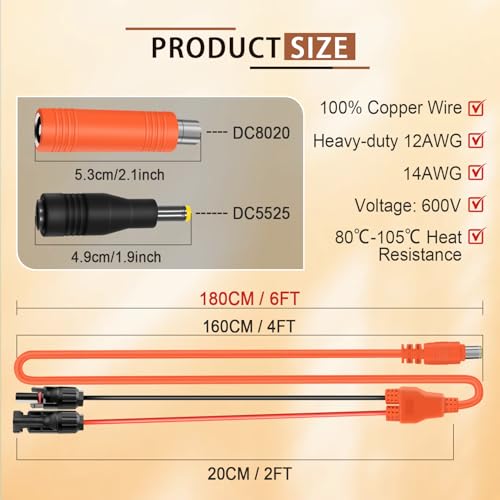 COMeap Solar Panel Adapter for Jackery, 6FT/1.8M Compatible with MC-4 to DC 8mm Extension Cable with DC7909 to DC8020/DC5525 Connector for GZ Yeti Bluetti Solar Generator Power Station 12AWG - Orange