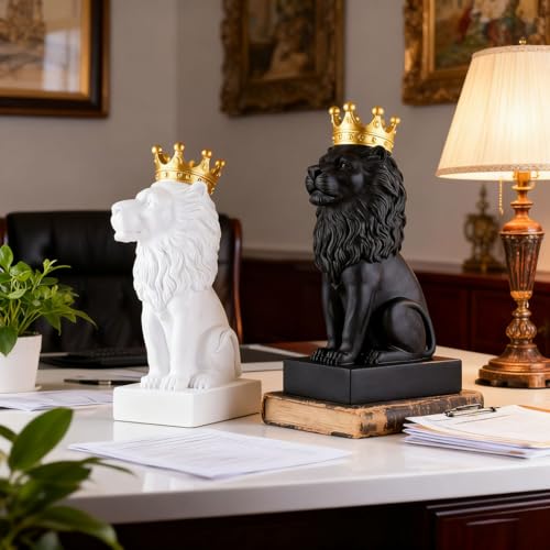 Lion Statue Indoor Tilted-Head Lion Figurine Collectible-13 Inch Black Lion Sculpture with Gold Crown Home Decor for Desk Decorations,Black and Gold Living Room Bedroom Decor Best Gift for The Man