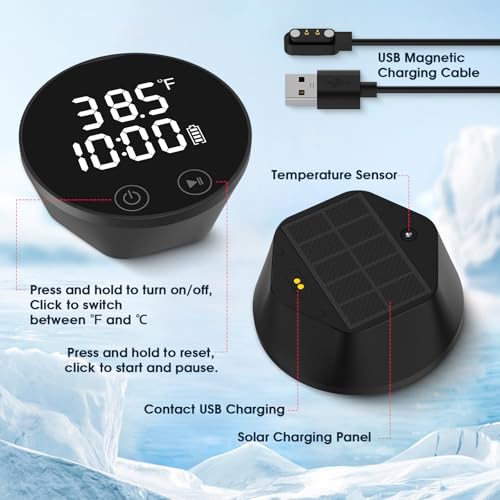 Ice Bath Water Thermometer and Timer,LED Large Backlit Cold Plunge Thermometer,IPX68 Waterproof Floating,USB & Solar Charging,for Hot Tub & Ice Bath Tubs,Included USB Cable Included