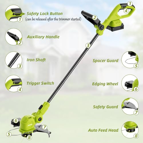 JAGROM 12-inch 20V Cordless String Trimmer with Charger, 2 X 2.0Ah Battery Powered with Auto Line Feed, Lawn Edger with 8 Pcs Grass Cutter Spool Line and 2 Spool Cap