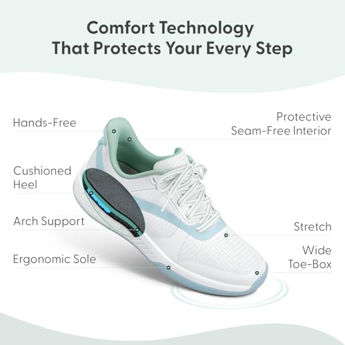 Orthofeet Women's Orthopedic Ace Hands-Free Slip-On Pickleball Sneaker, White/Blue/Green, Size 8.5